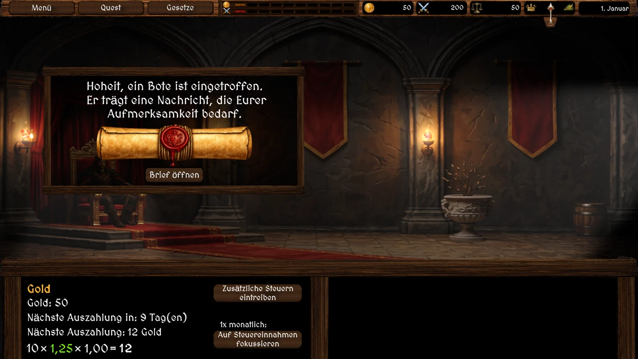 Reign – Thronsaal mit Brief-Event und Ressourcenübersicht